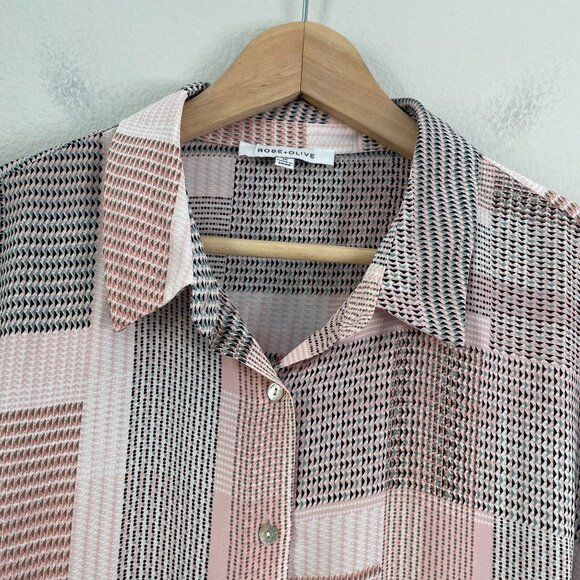 Rose + Olive Womens Plus 1X Blouse Pink Black Geometric 3/4 Sleeve Shirt Top - Picture 8 of 10